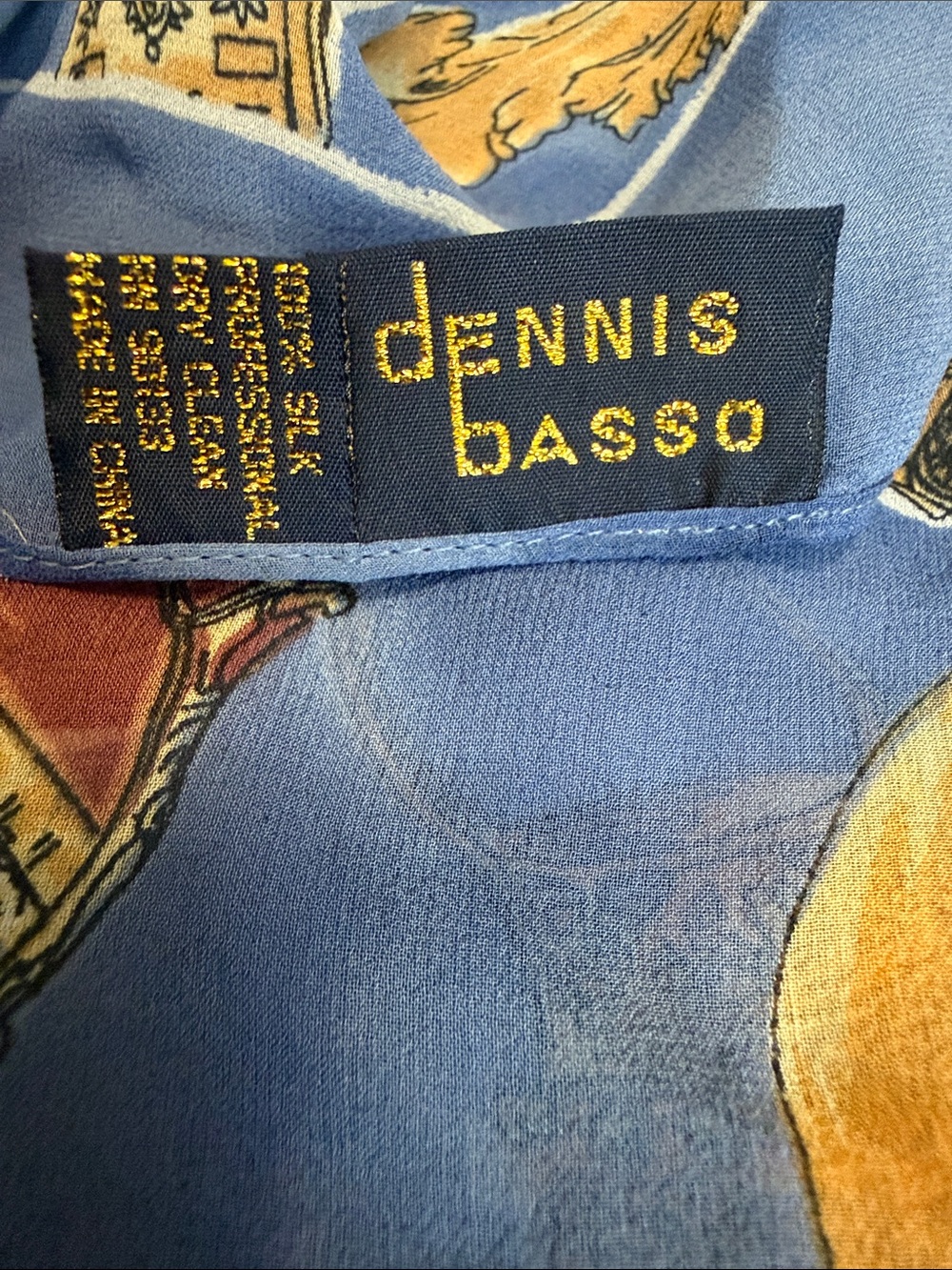 Dennis Basso Blue & Gold Print Silk Scarf